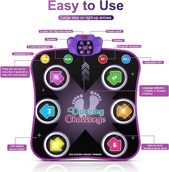 Dance Mat Toys for 3-12 Year Old Kids, Electronic Dance Pad with Light-up 6-Button